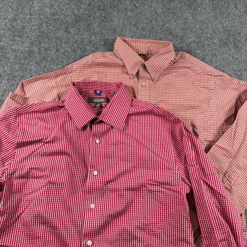 Kenneth Cole Reaction Button Down Mens L Red Orange Gingham Cotton Shirt Lot 2pk